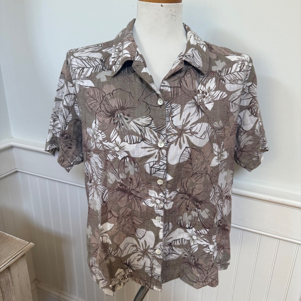 Hilo Hattie Hawaiian Original Floral Button Down Shirt Brown Tan Women Large